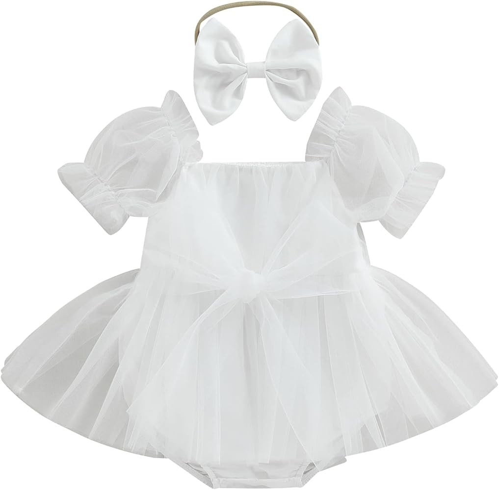 FYBITBO Newborn Baby Girl Romper Dress Bowknot Front Long Puff Sleeve Layered Tulle Tutu Bodysuit... | Amazon (US)