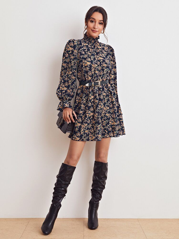 SHEIN Ditsy Floral Shirred Neck Flounce Sleeve Dress Without Belt | SHEIN