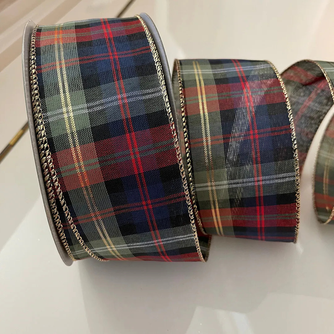 2.5” Blue, Green, Red, Black, & Gold Plaid Wired Ribbon / Choose Plaid Color Below | Etsy (US)