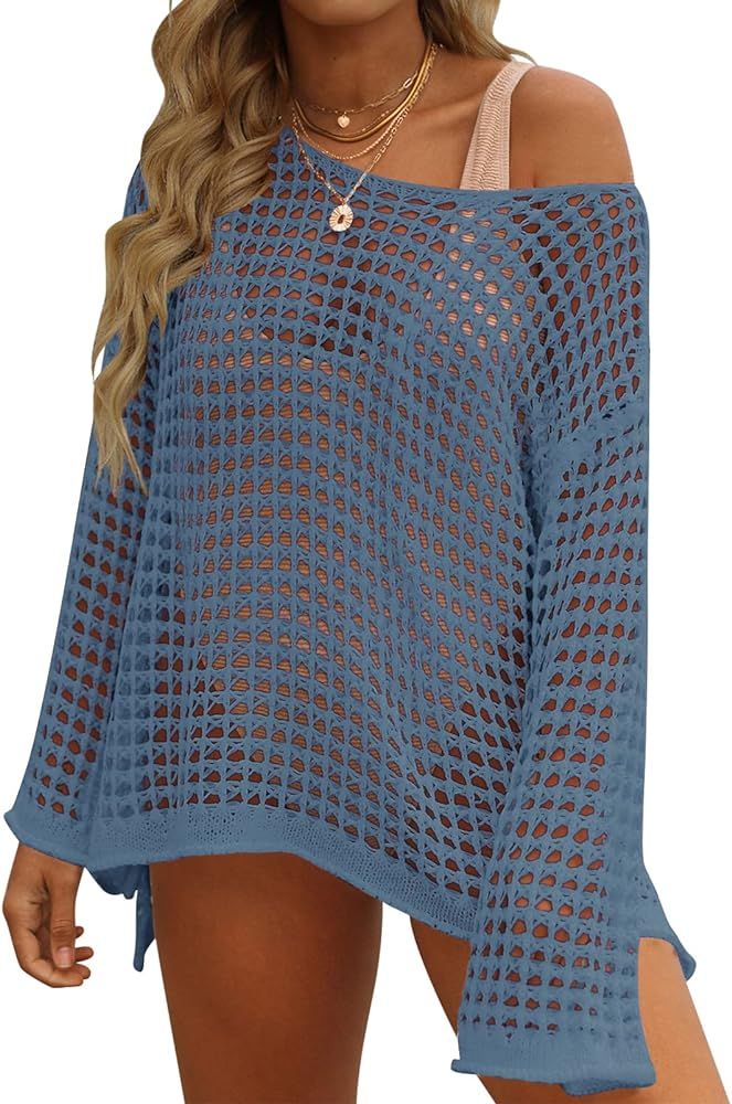 ZESICA Women's 2024 Summer Crochet Hollow Out Long Sleeve Beach Bikini Swimsuit Mesh Cover Up Tun... | Amazon (US)