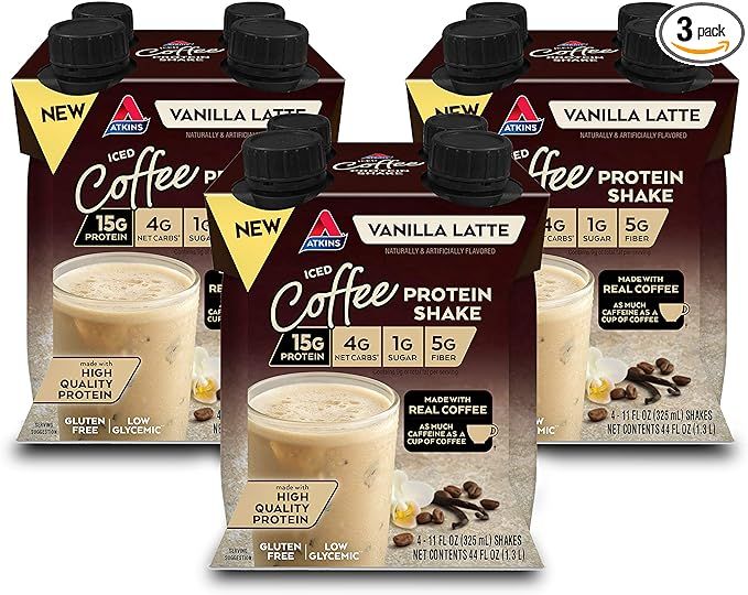 Atkins Iced Coffee Protein Shake, Vanilla Latte, Made with Real Coffee, 11 Fl Oz - 4 Count (Pack ... | Amazon (US)