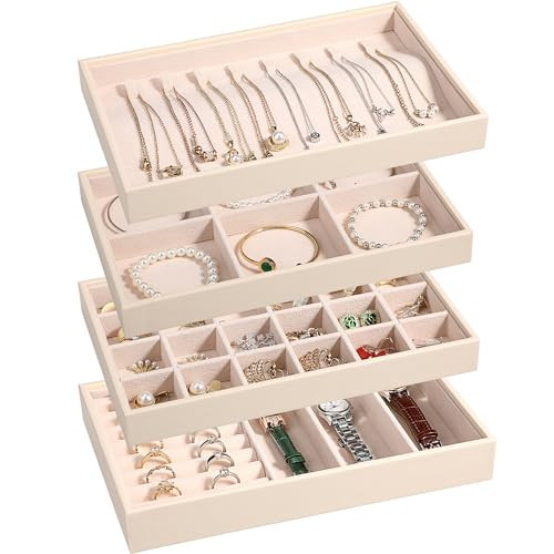 LANDICI Stackable Jewelry Organizer Trays 4 Set,PU Leather Jewelry Organizer Drawer,Jewelry Storage Display Tray for Earring Necklace Rings Bracelet with Removable Dividers,Apricot | Amazon (US)