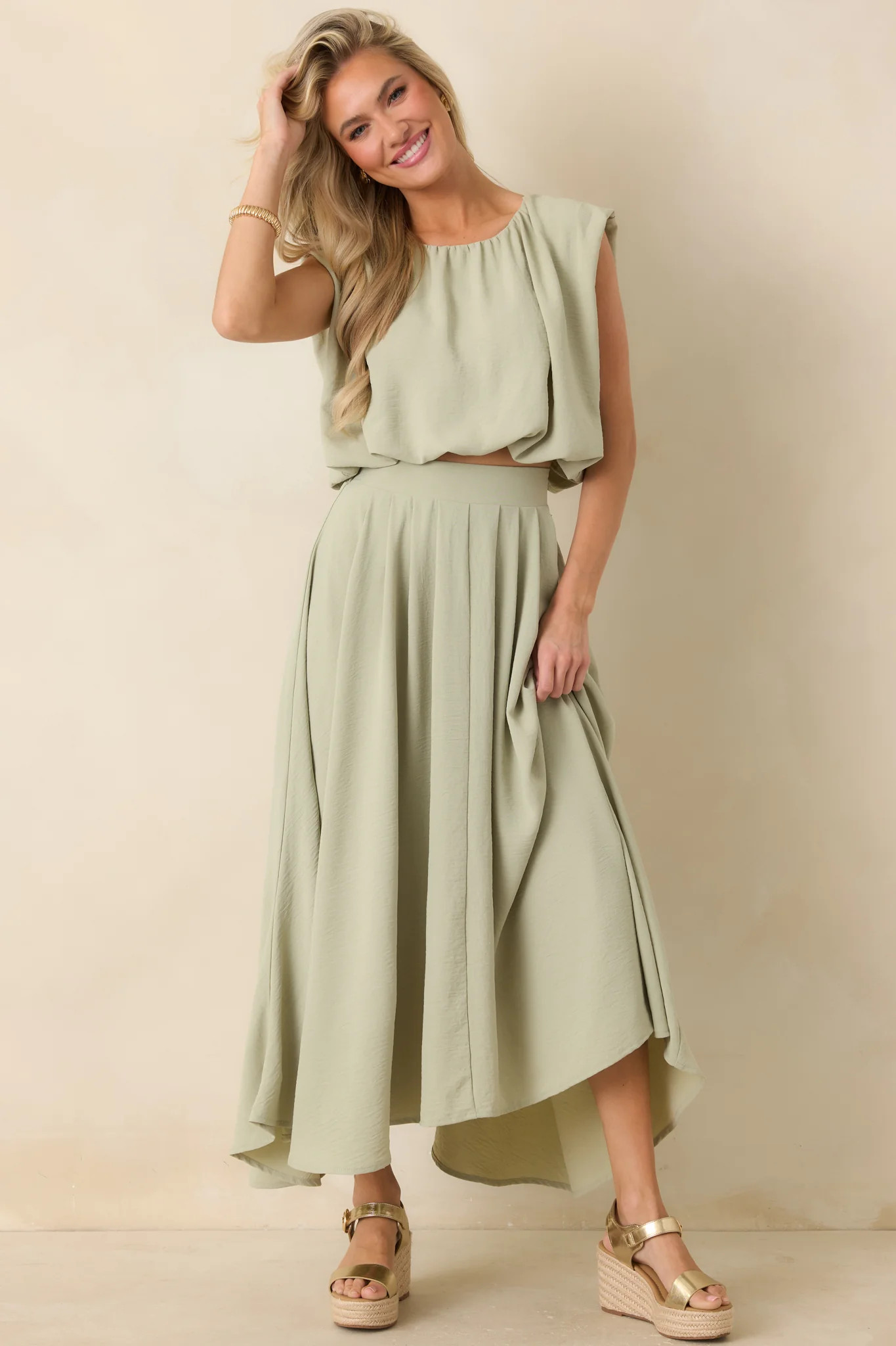 Ebb and Flow Sage Green Blouson Crop Top | Red Dress