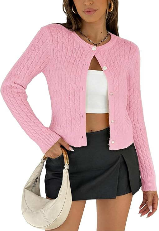 Women Cable Knit Cropped Cardigan Long Sleeve Botton Up Lightweight Soft Sweater 2026 Fall Winter... | Amazon (US)