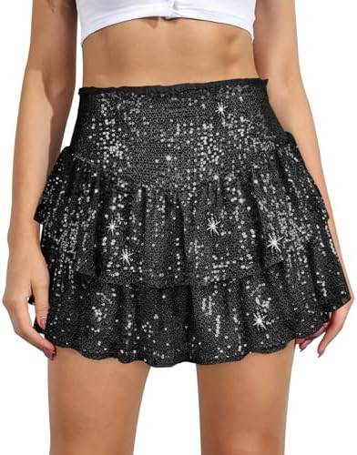 Women Sequin Skirt Sparkly Cute High Waist Ruffle Flowy Shiny Glitter Mini Short Skirts Night Out... | Amazon (US)