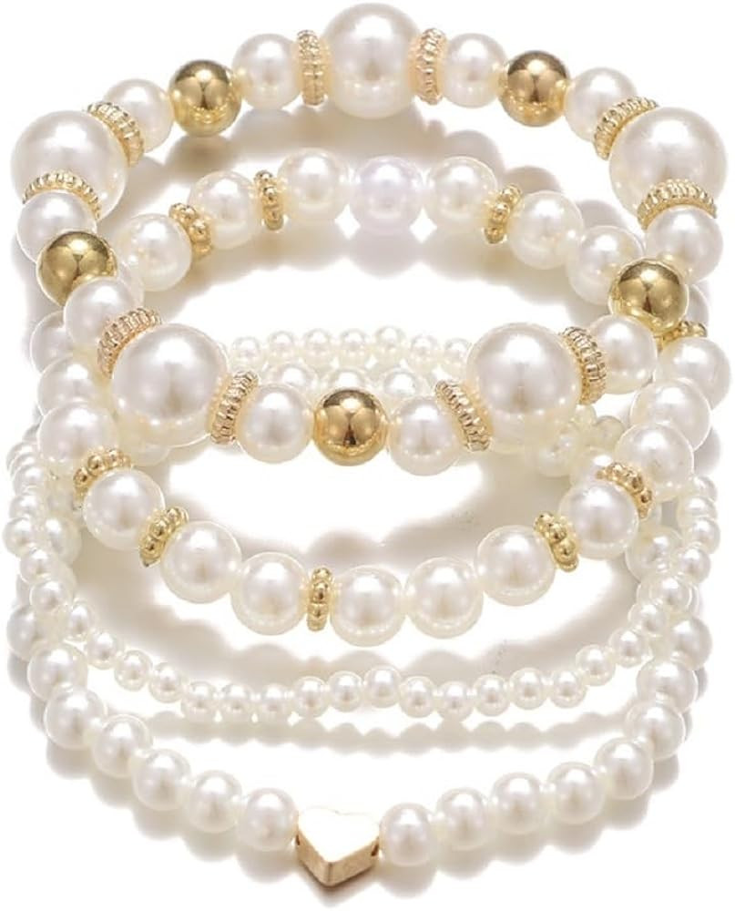 Fuqimanman2020 Chunky Simulated Pearl Stackable Stretch Bracelet Set Beaded Ball Adjustable Multi... | Amazon (US)