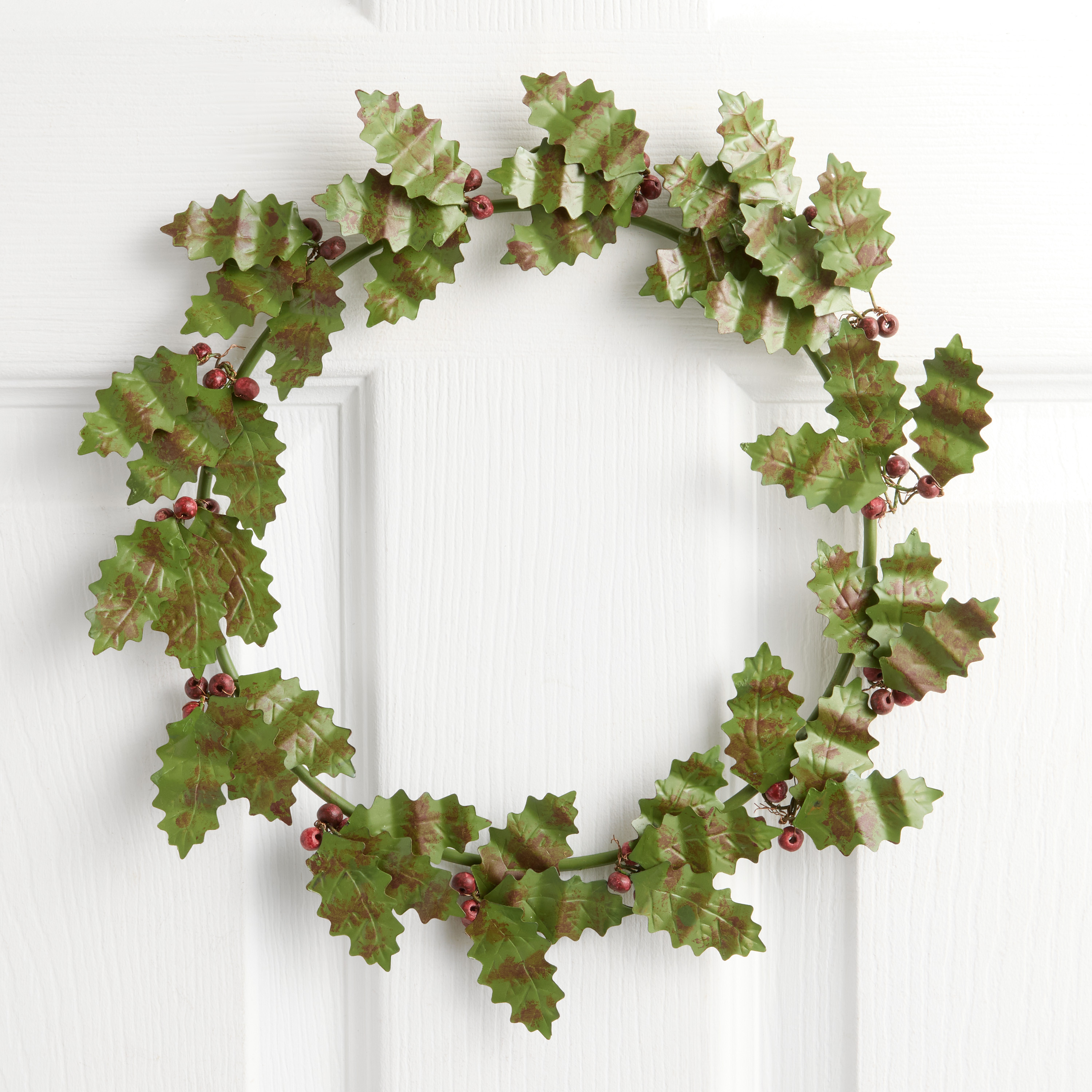 Antique Green and Red Metal Holly Wreath | World Market