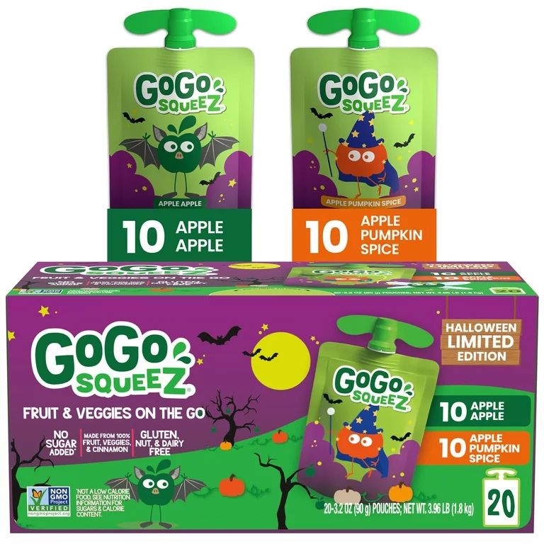 GoGo Squeez No Sugar Added, Halloween Variety Pack, Apple Pumpkin Spice, 3.2oz 20 Pouches | Walmart (US)