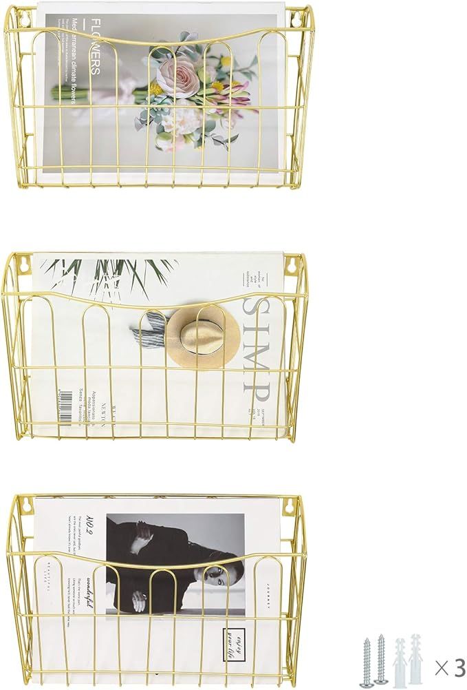 Hanging File Organizer, 3 Pocket Wall Mount Document Letter Tray File Organizer, Gold | Amazon (US)