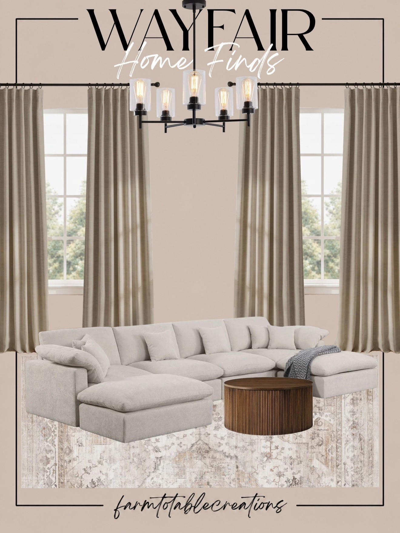 Wayfair Cozy Living Room Finds 🤎

This is the kind of living room you want to sink into at the end of the day! These Wayfair finds combine a plush oversized sectional, warm wood coffee table, vintage-inspired neutral rug, linen-look curtains, and a modern black chandelier for the perfect balance of cozy and elevated.

I love how the soft creams and warm taupes keep everything light and timeless while the darker wood and black accents add just enough contrast. Such an easy combination for creating that comfortable, designer-inspired look without sacrificing everyday livability.

Follow @farmtotablecreations on Instagram for more cozy home finds and trending decor.

#LTKHome #Wayfair #WayfairFinds #WayfairHome #LivingRoomDecor #CozyLivingRoom #NeutralHome #NeutralDecor #HomeDecor #DesignerInspired #CozyHome #LivingRoomInspo #AffordableHomeDecor #HomeInspo #LTKFinds

#LTKHome #LTKSaleAlert