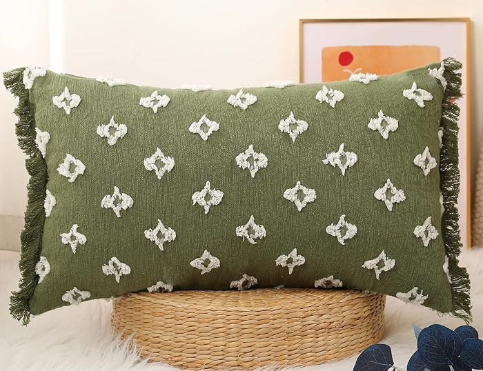 DRNOU Boho Long Lumbar Pillow Cover 12x26 with Tassel,3D Flower Patterned Cotton Decorative Long ... | Amazon (US)