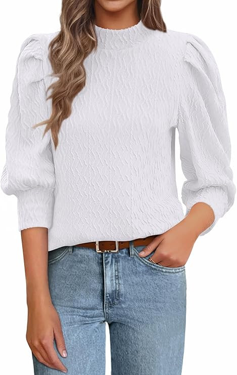 PRETTYGARDEN Summer Tops for Women 2025 Trendy Mock Neck Puff 3/4 Sleeve Texture Spring Blouse Dr... | Amazon (US)