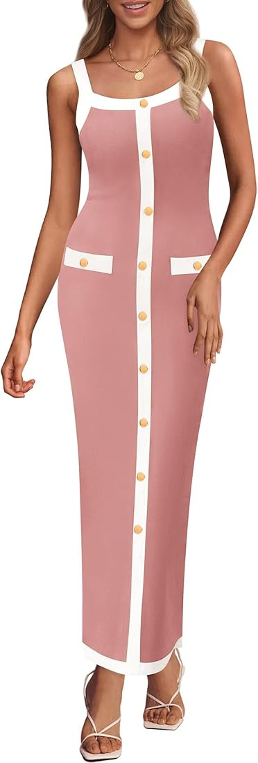 KIRUNDO Womens Summer Wedding Guest Maxi Dress 2025 Formal Bodycon Knit Sweater Sleeveless Button... | Amazon (US)