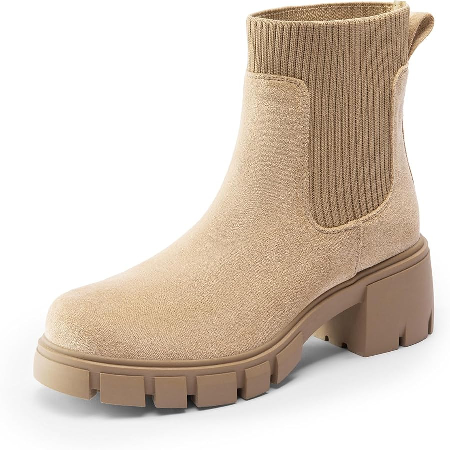 DREAM PAIRS Women's Elastic Chelsea Ankle Boots Fashion Low Chunky Heel Platform Lug Sole Short B... | Amazon (US)