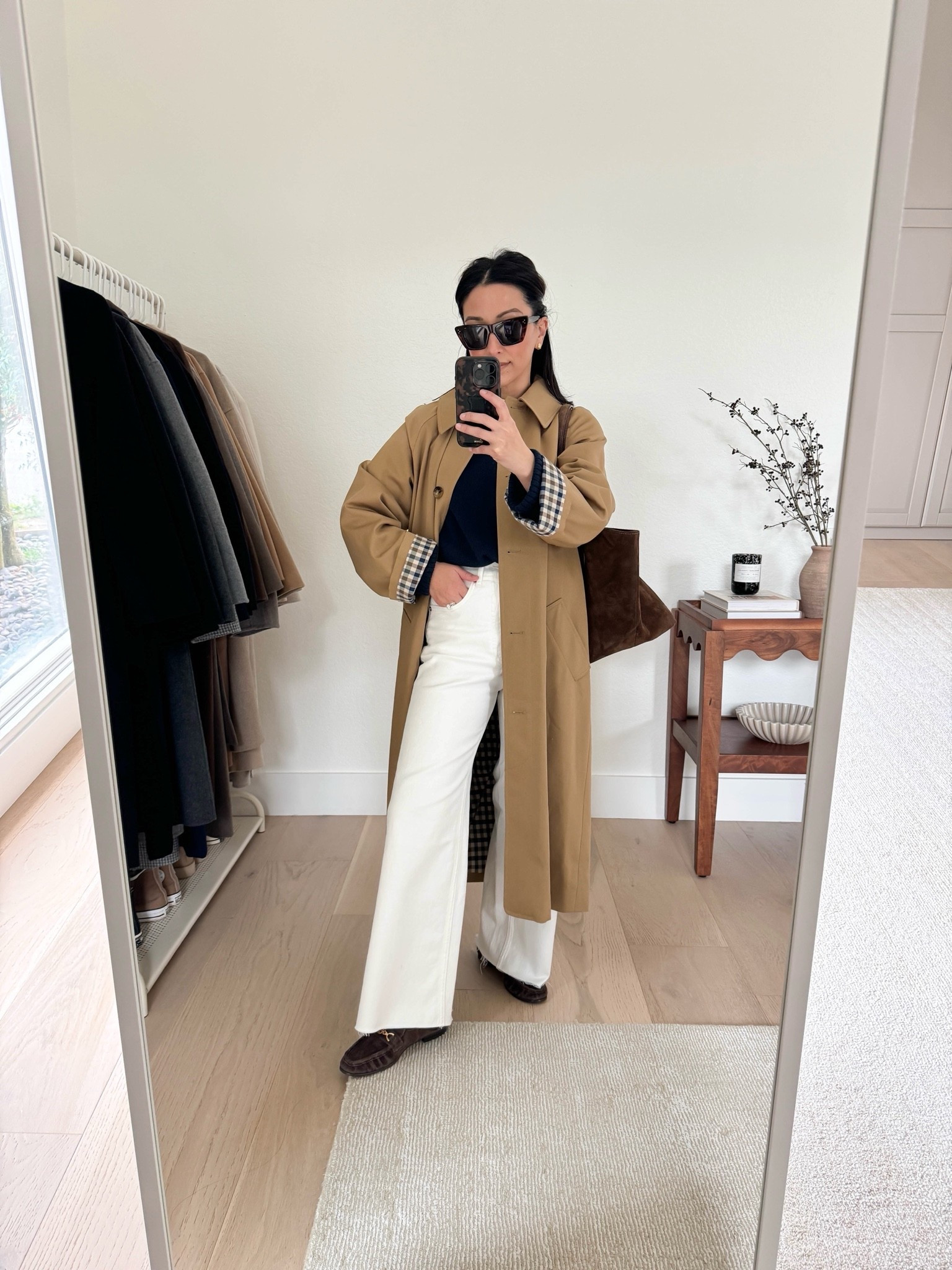 casual workwear outfit idea. 

Everlane tee medium
Everlane cotton sweater xs
Everlane sailor 2.0 jeans 25, cut hems
Sézane Clyde trench 2
Sam Edelman loafers 5
Liffner large sprout tote
Celine sunglasses

#LTKPetite #LTKWorkwear #LTKootd