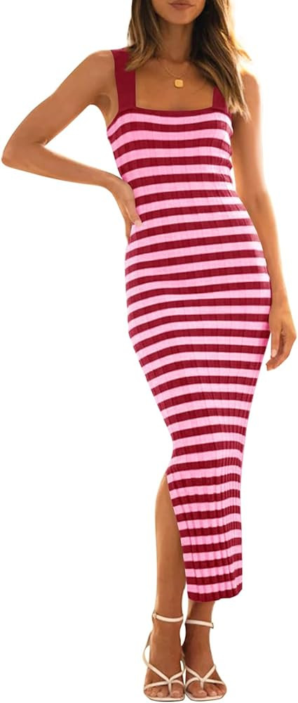 MEROKEETY Women's 2025 Summer Bodycon Midi Dress Vacation Sleeveless Ribbed Knit Striped Sweater ... | Amazon (US)