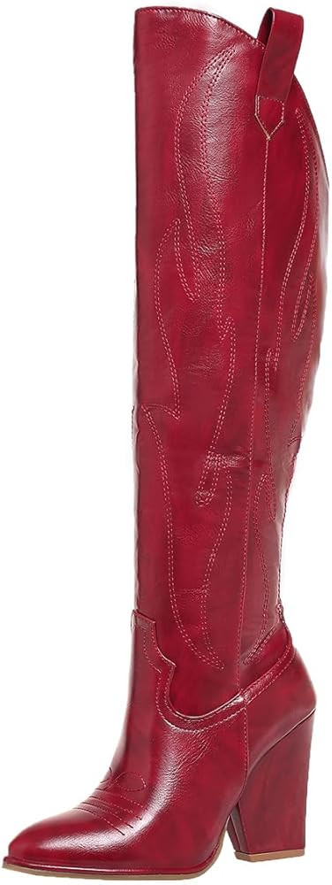 Cowboy Boots for Women Knee High Western Cowgirl Boots Chunky Heel Pointed Toe Side Zipper Tall B... | Amazon (US)