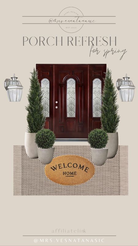 Porch refresh for Spring (but would also work for Summer). I tried to use different color doors to show more options. Our doors are like this. These are purely for inspiration & ideas. 

Cannot wait to do a porch refresh soon! Be sure to follow my Instagram page @mrs.vesnatanasic to not miss my post!

Front entryway door, iron door, black door, modern home, traditional home, lighting, exterior, exterior lighting, outside lighting, welcome mat, faux outdoor plants, concrete planter, look for less, front porch refresh, spring decor, home, home decor, artificial plant, bushes, tall tree, outdoor rug, outdoor planters, outdoor basket, wicker basket, rattan planter basket, plants, summer porch, home exterior, entryway, entry, porch, Target, Wayfair, Amazon, Home Depot, At Home, Lowes, Walmart, 

#LTKhome #LTKFind #LTKSeasonal