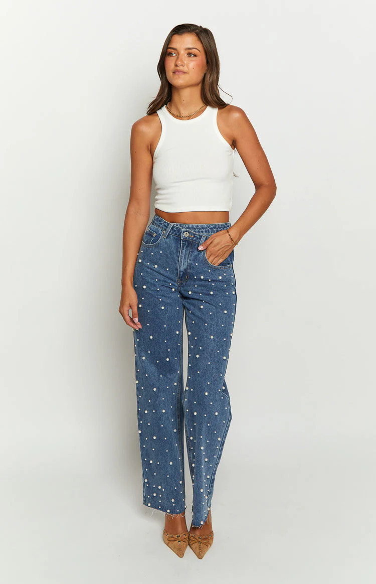 Denim Dazzle Pearl Mid Wash High Waisted Jeans | Beginning Boutique (US)