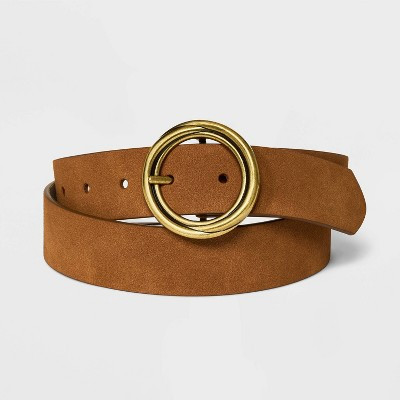 Women's Reversible Wide Suede Round Center Buckle Belt - Universal Thread™ Brown S: Adjustable Strap, Solid Pattern | Target