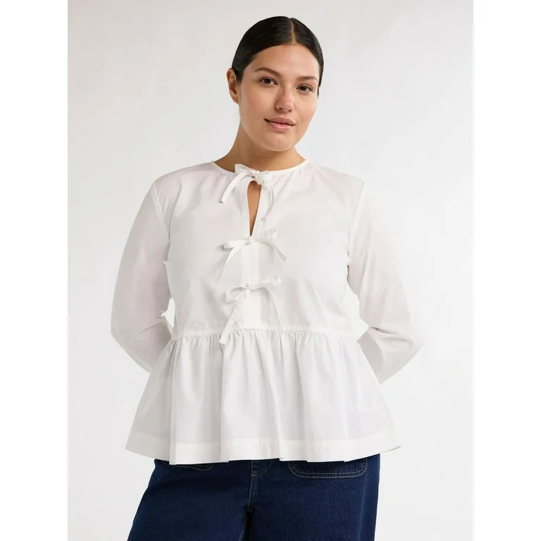 Free Assembly Women’s and Women's Plus Cotton Bow Front Top with Long Sleeves, Sizes XS-4X | Walmart (US)