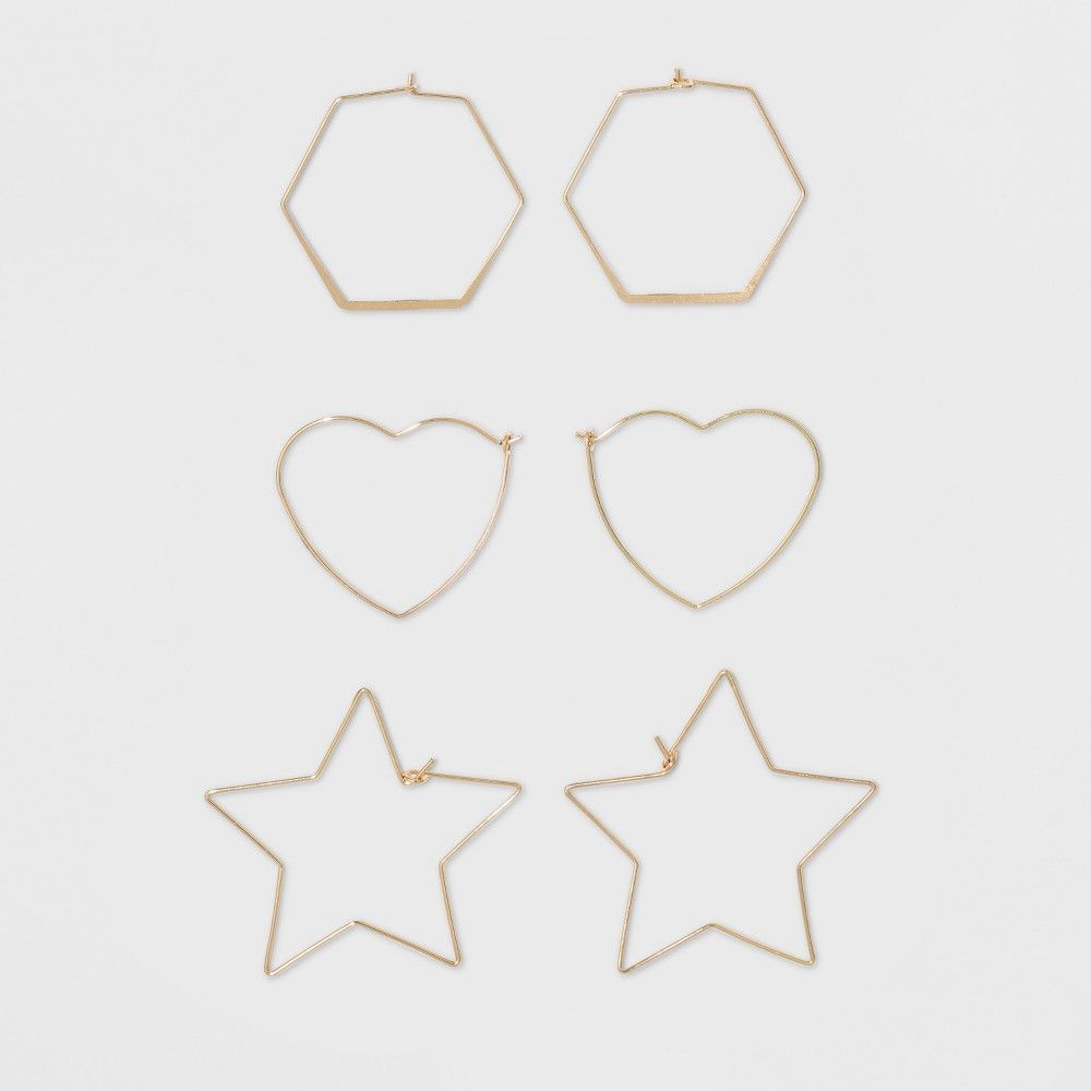 Hoop Trio with Hexagon, Heart, and Star Shape Earring Set 3pc - Wild Fable Gold | Target
