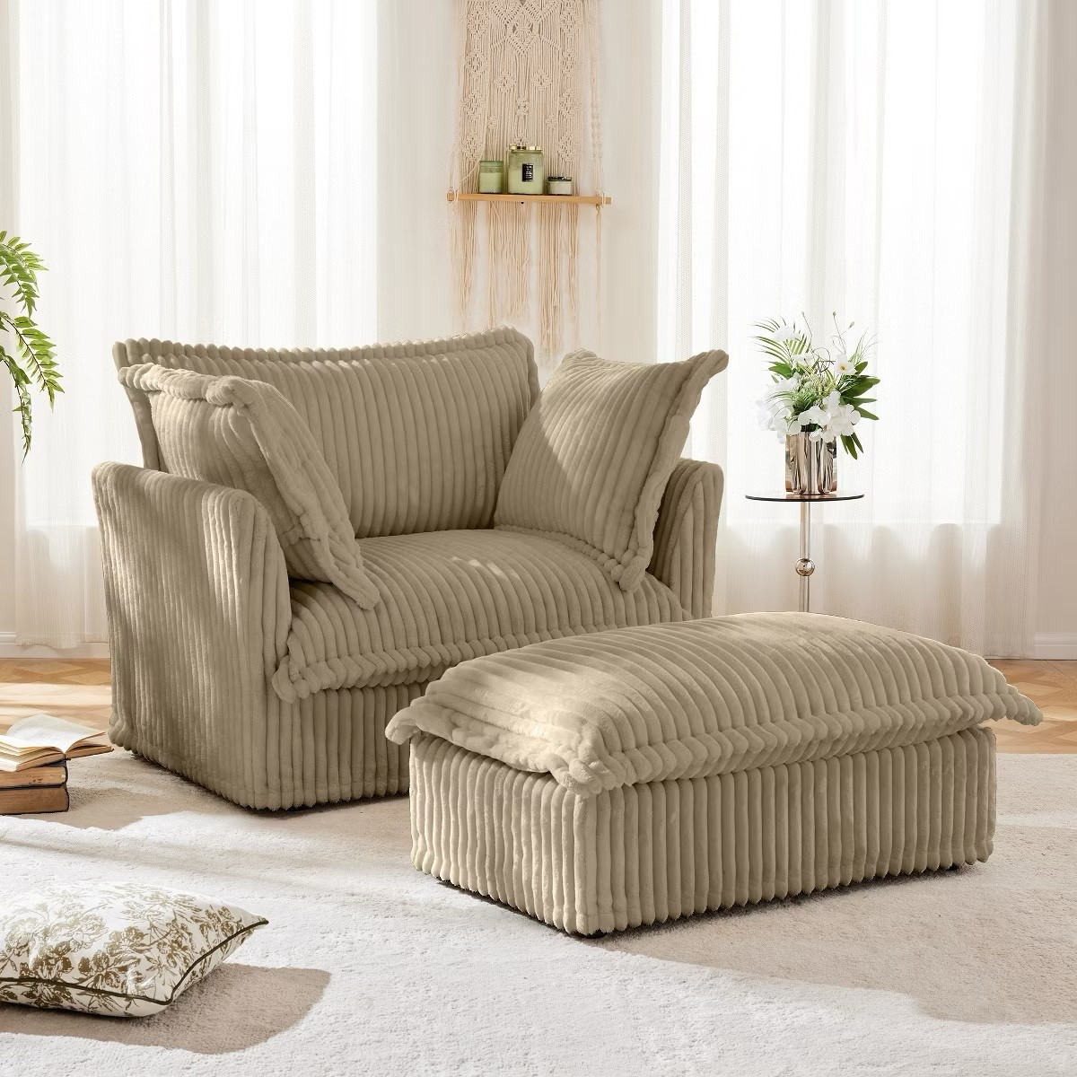 This plush corduroy lounge chair + ottoman set is the definition of cozy—deep seats, soft ribbed texture, and an oversized silhouette that’s perfect for reading, relaxing, or creating a cozy corner. The neutral beige color works beautifully with light, airy spaces and layered textures.
✨ Currently on sale (17% off!) and available in multiple colors. I’ve tagged the exact set, plus similar styles if you’re looking for alternatives.

#target