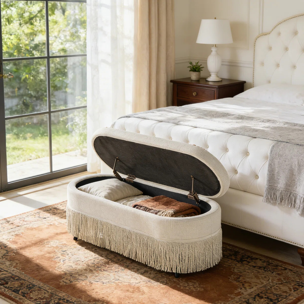 Oval Upholstered Fringe Storage Bench | Wayfair North America