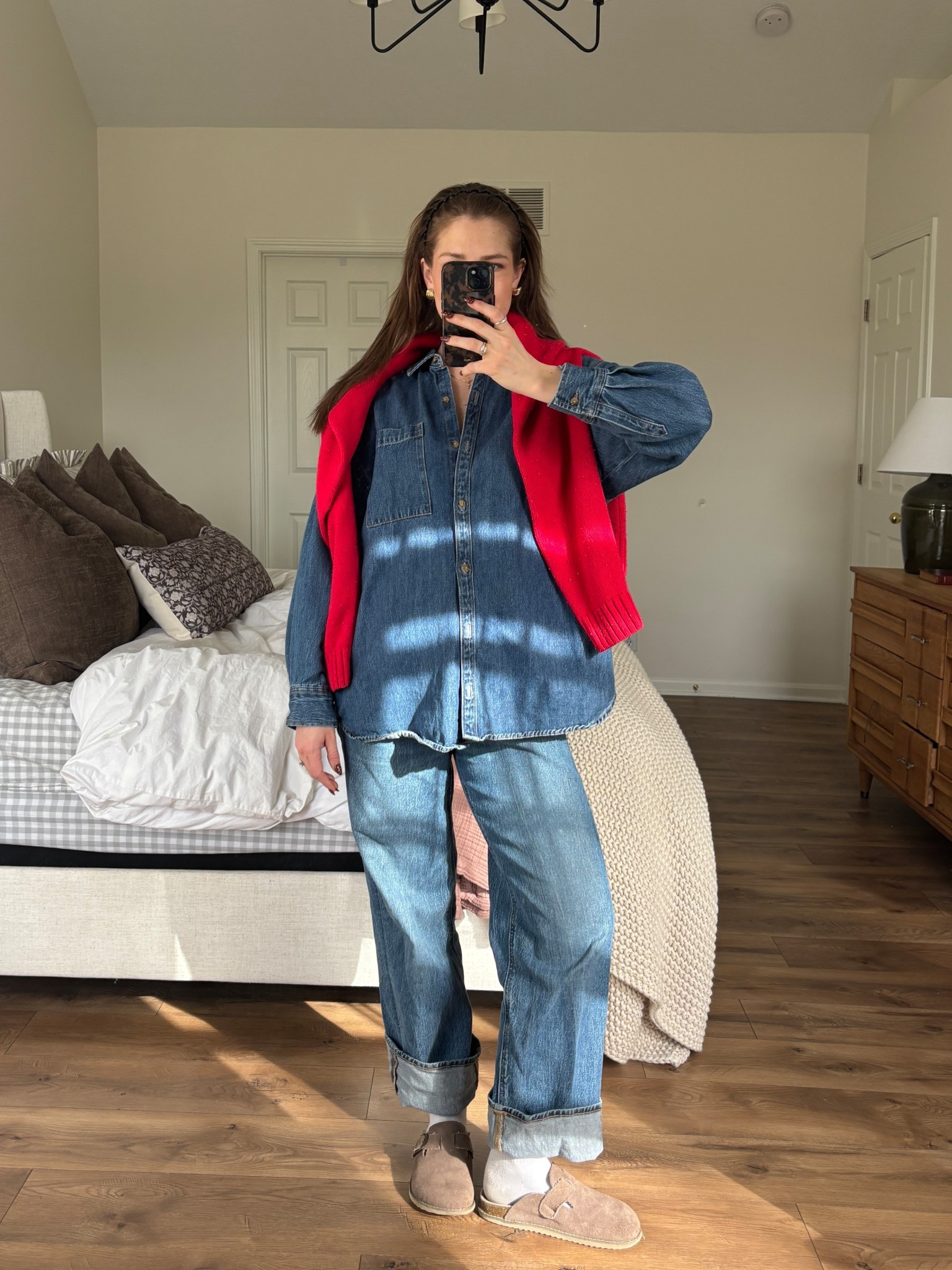 denim shirt and pant from old navy 

thrifted the Loft red sweater ♥️

#LTKgrwm #LTKSpringSale #LTKmomlife