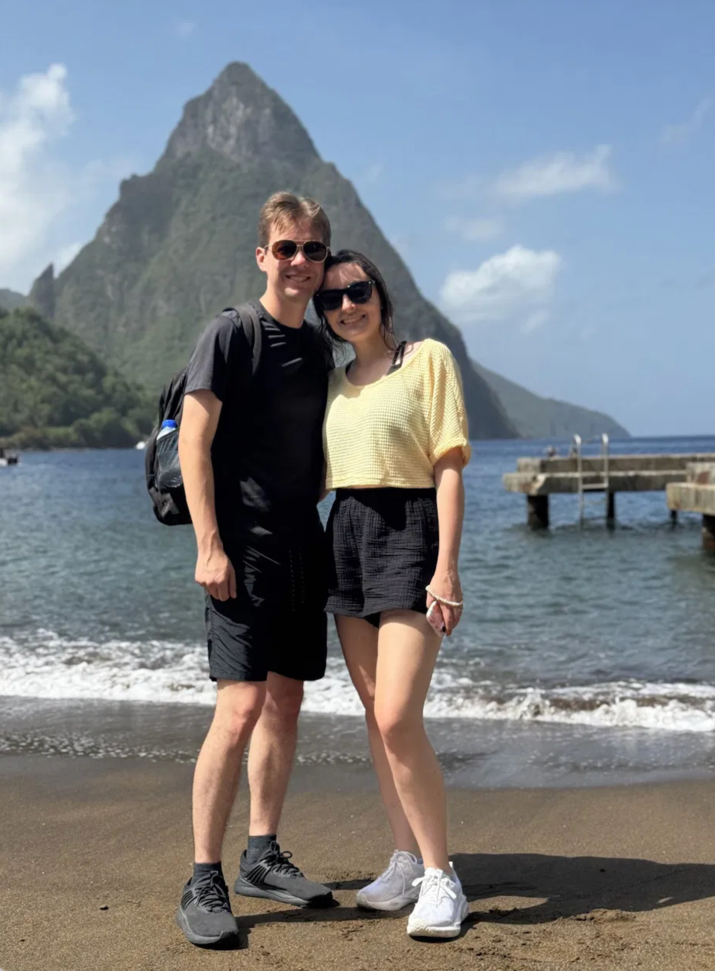 Honeymoon outfit #3 🍯🌙 exploring the Pitons with my husband 🥹 this yellow waffle-knit top and black shorts set was perfect for a day of sightseeing — breathable, cute, and easy to move in. Views (and company) don't get much better than this. 💛⛰️ 

 #LTKootd #LTKTravel #LTKWedding