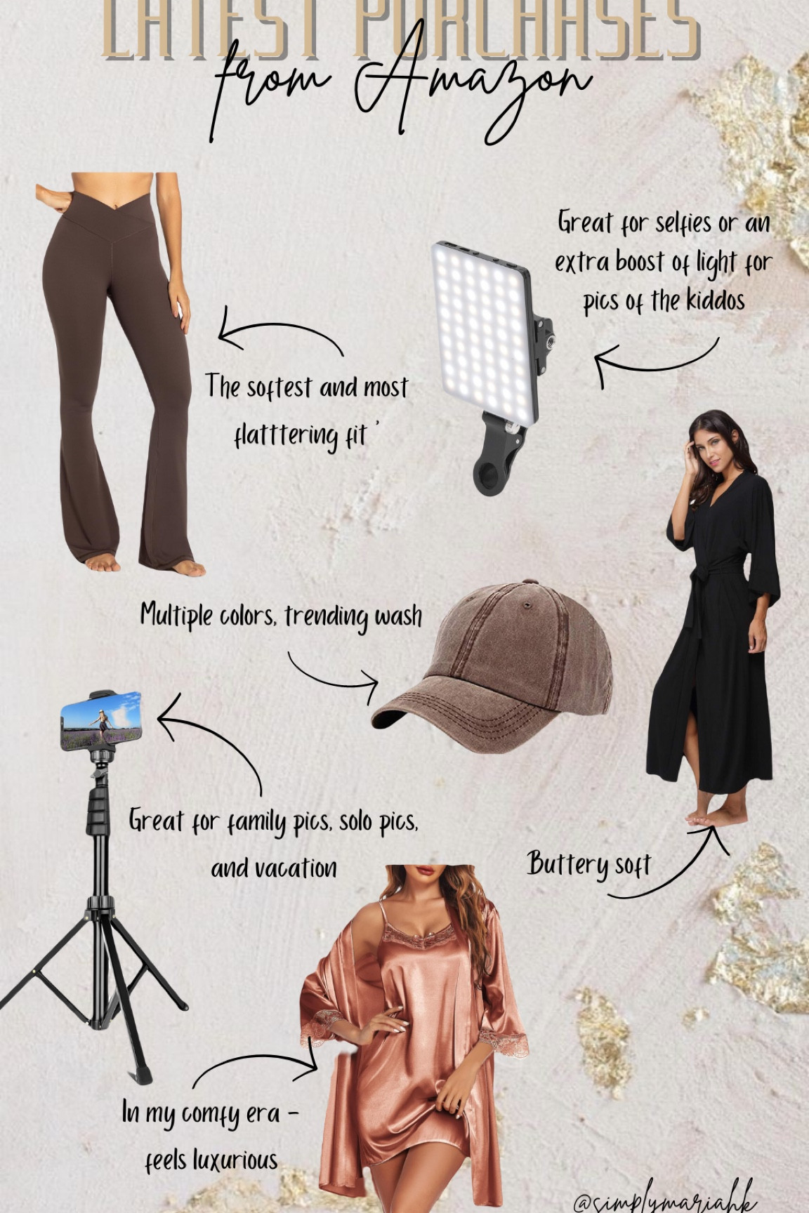 My latest Amazon purchase full of neutral staples like these brown flared pants and acid wash hat, comfy and glamorous robes, and some fun tech like this selfie tripod and beauty light for taking the perfect pictures !! 

#LTKfindsunder50 #LTKGiftGuide #LTKstyletip