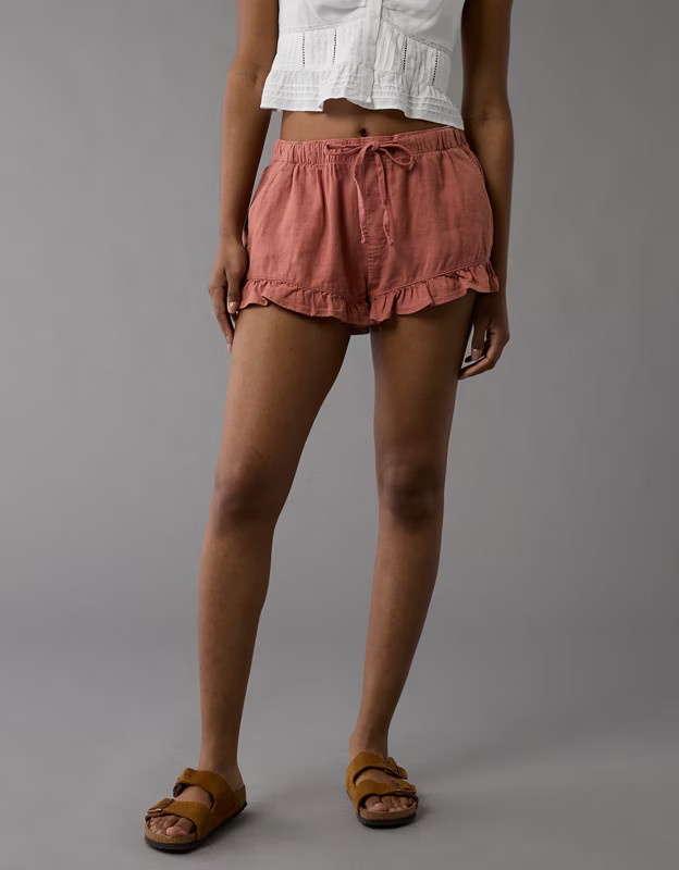 AE Stretch Linen-Blend Ruffle Short | American Eagle Outfitters (US & CA)