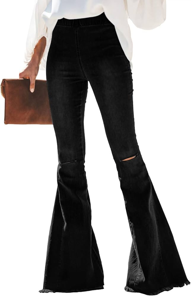 Paitluc Bell Bottom Jeans for Women 2022 Elastic Waisted Destroyed Flare Jeans for Women | Amazon (US)