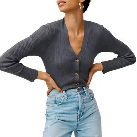 Womens Button Down Vee Neck Cardigan Long Sleeve Pointelle Ribbed Slim Knitted Sweater | Walmart (US)