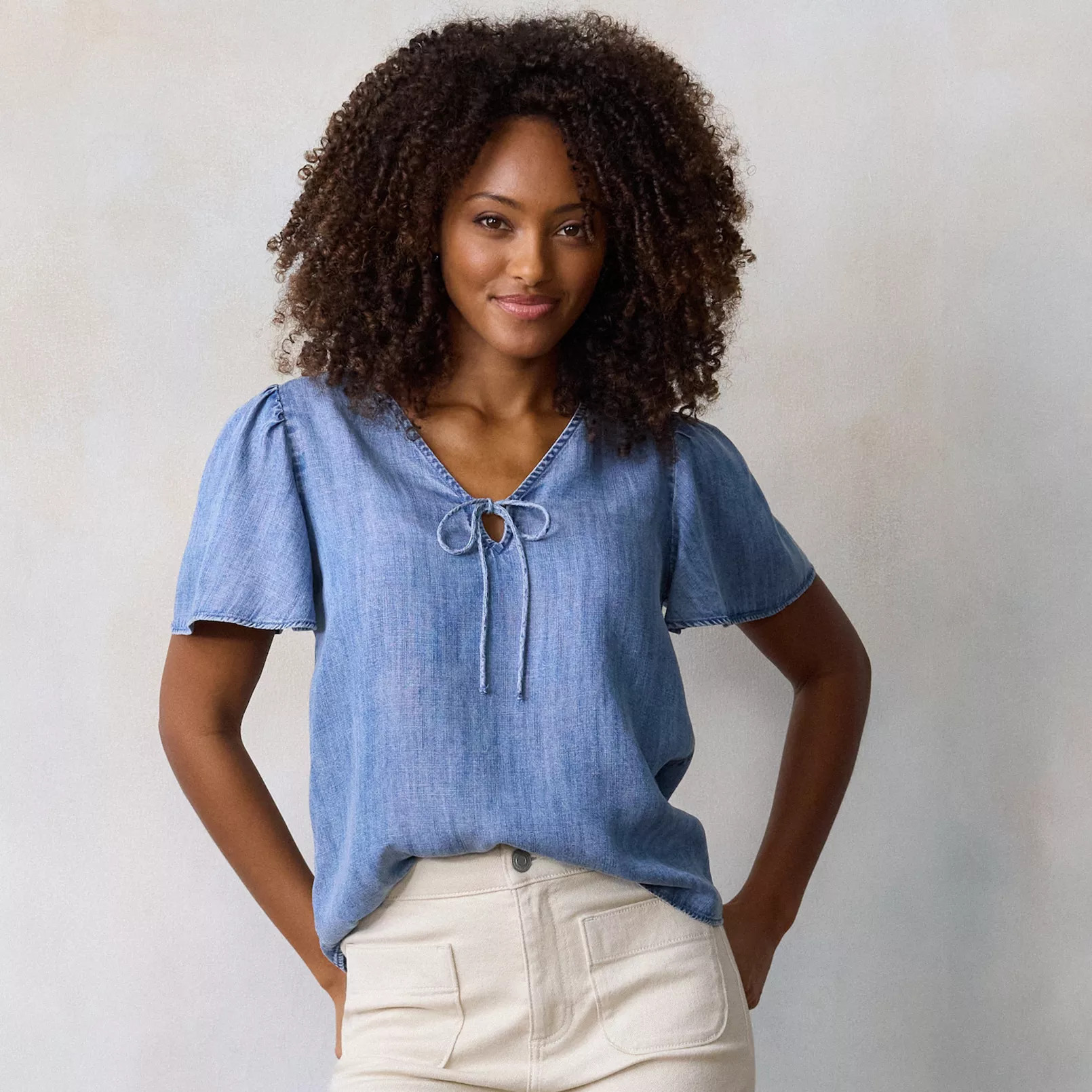 Women's LC Lauren Conrad Tie-Front Keyhole Flutter Sleeve Woven Top | Kohl's