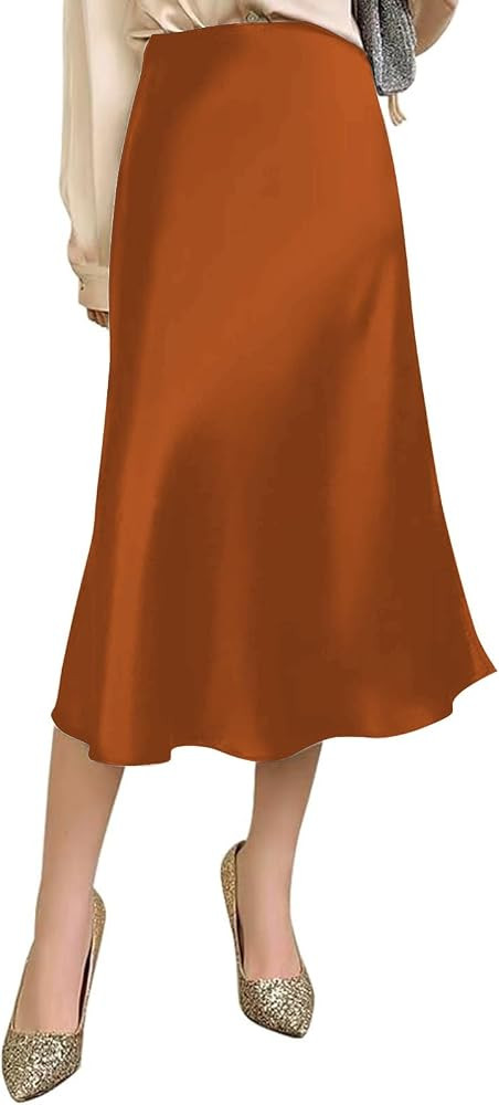 Womens Silky Satin Midi Skirt High Waist Elastic Waist A Line Skirt | Amazon (US)