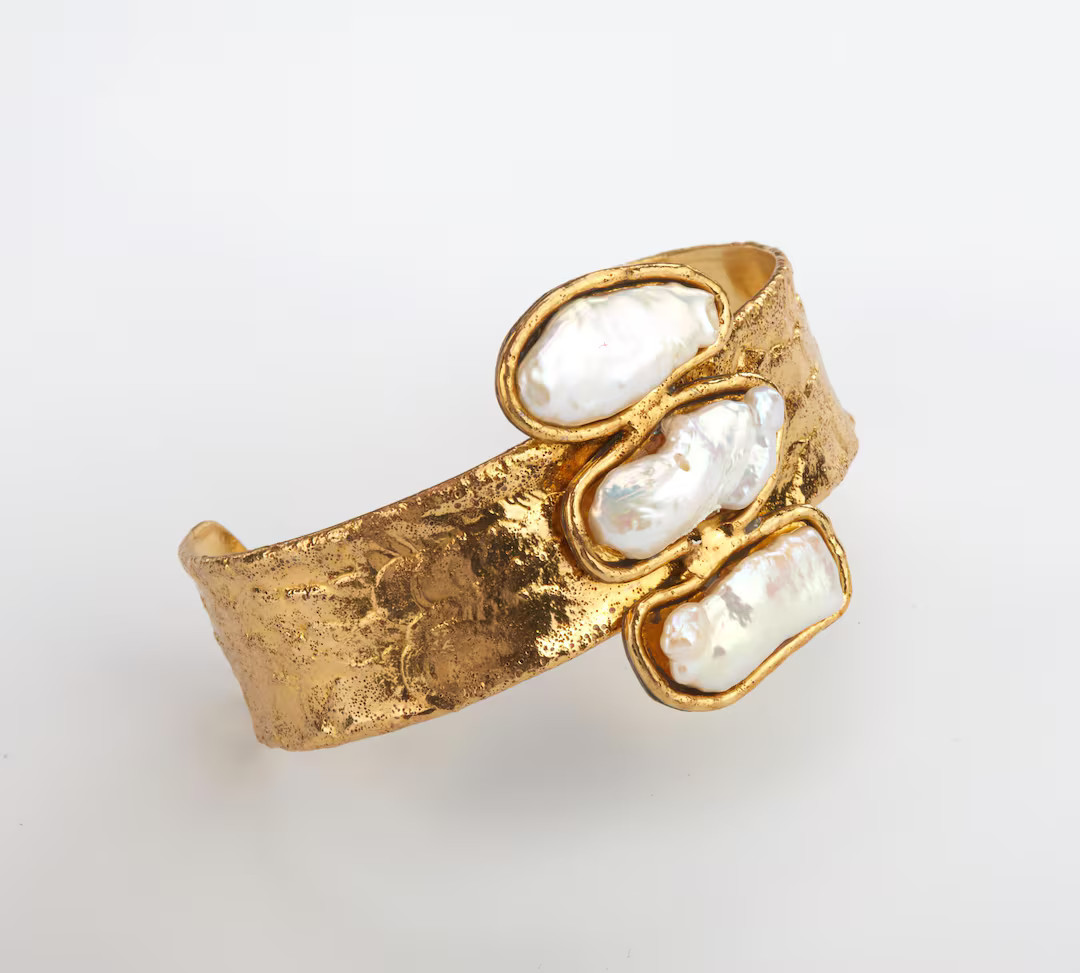 Three long baroque pearls on golden toned brass belt cuff, Textured Brass band cuff with textured... | Etsy (US)