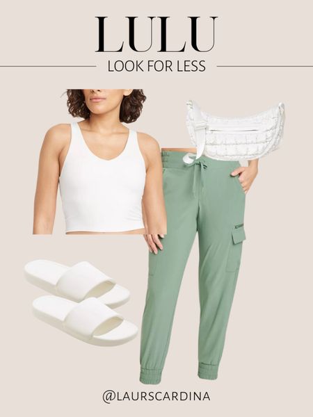 This Lulu look for less look includes a crop white tank with green joggers, white slides, and a white crossbody bag. 

Ootd, athleisure, casual outfit, summer outfit 

#LTKshoecrush #LTKstyletip #LTKfindsunder50