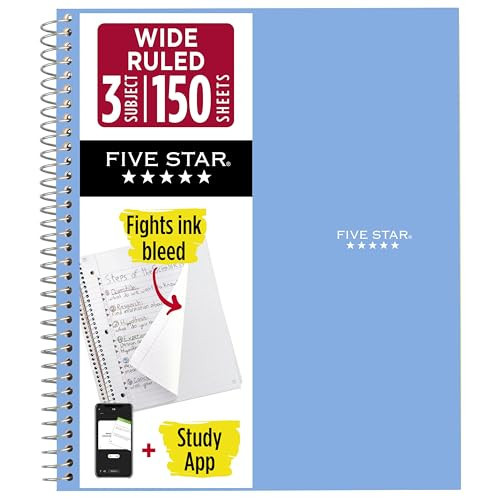 Five Star Spiral Notebook + Study App, 3 Subject, Wide Ruled Paper, 8" x 10-1/2", 150 Sheets, Fights Ink Bleed, Water Resistant Cover, Tidewater Blue (73184) | Amazon (US)