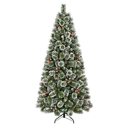 6.5' Pre-Lit Glittering Frosted Slim Pine Green Artificial Christmas Tree with Warm White Lights, by Holiday Time | Walmart (US)