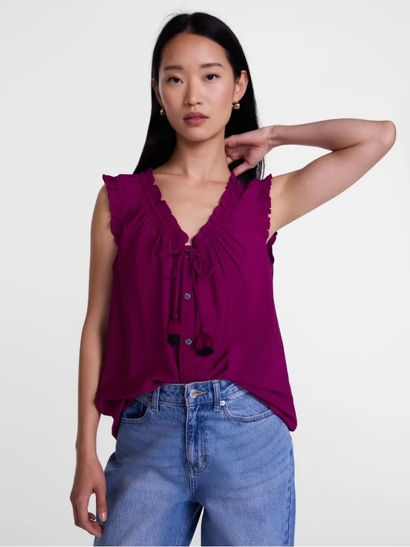 Scenario Women's and Women's Plus Ruffle Neck Tank Top with Tie Front, Sizes XS-4X | Walmart (US)