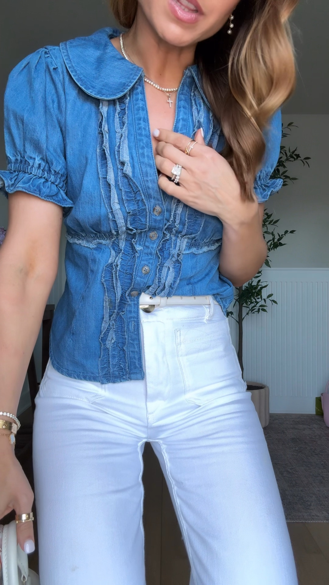My spring #ootd here! Elevated casual outfit. Mom outfit. Anthropologie denim shirt in XXS - could have done petite but I grabbed this in store and they only had regular. Anthropologie white crop denim jeans in 24 regular - I did regular length since it’s a crop style! Woven flats are TTS. XS in cream belt. Spring style. Summer outfit. 

#LTKootd #LTKgrwm #LTKPetite