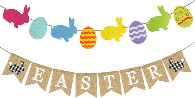 2PCS Easter Burlap Banner,Buffalo Plaid Easter Bunny Banner for Mantle Fireplace-Rustic Easter De... | Amazon (US)