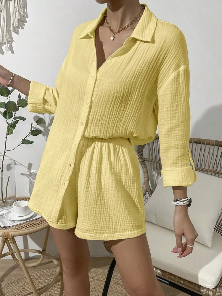 SHEIN VCAY Solid Drop Shoulder Shirt & Shorts | SHEIN