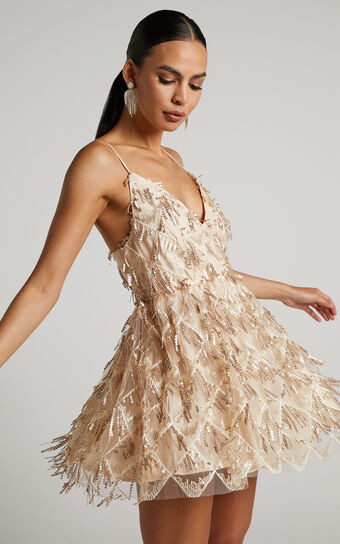 Khrizza Mini Dress - Sequin Gathered Dress in Gold | Showpo (US, UK & Europe)