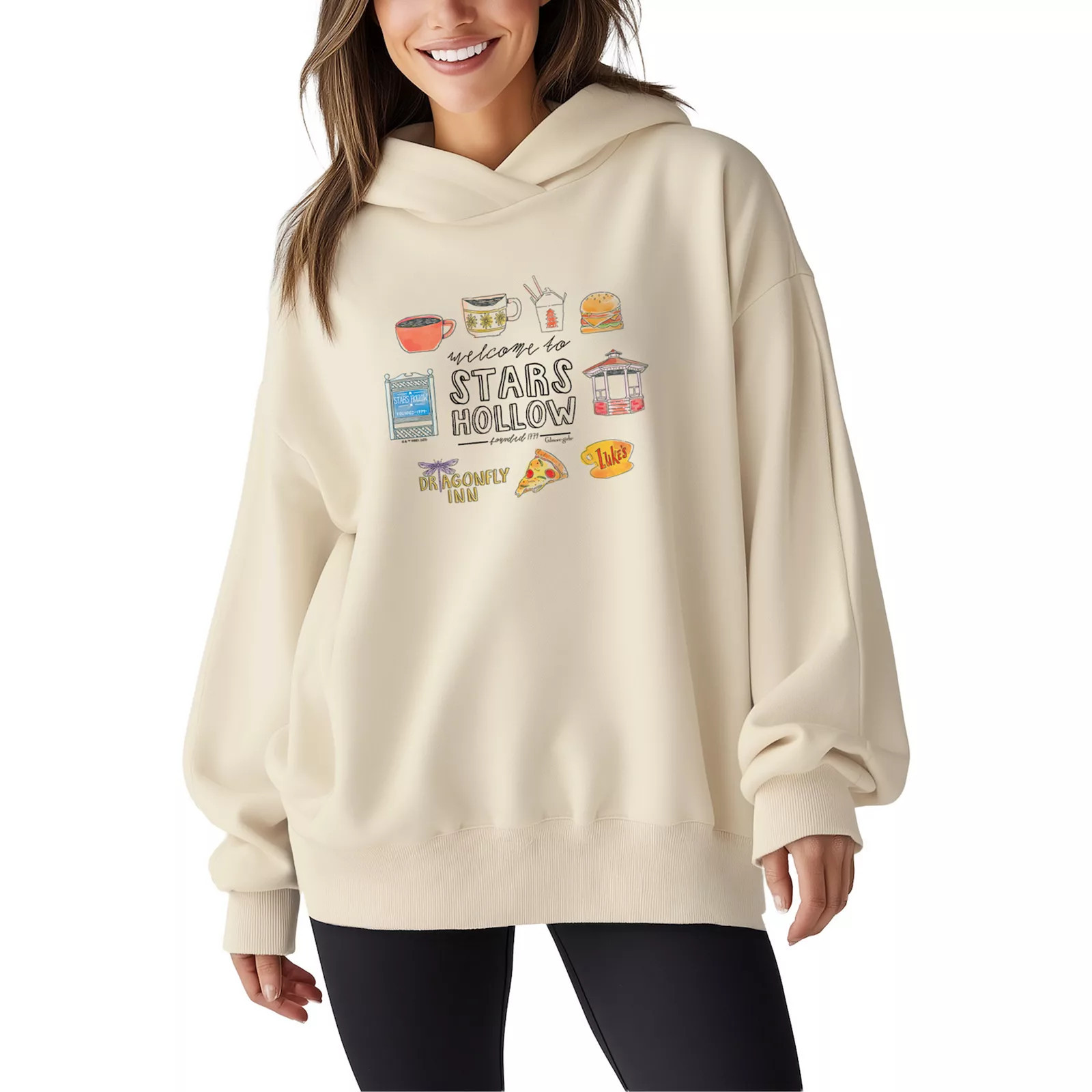 Women's Gilmore Girls Stars Hollow Oversized Fleece Hoodie Sweatshirt, Size: Small, Ivory | Kohl's