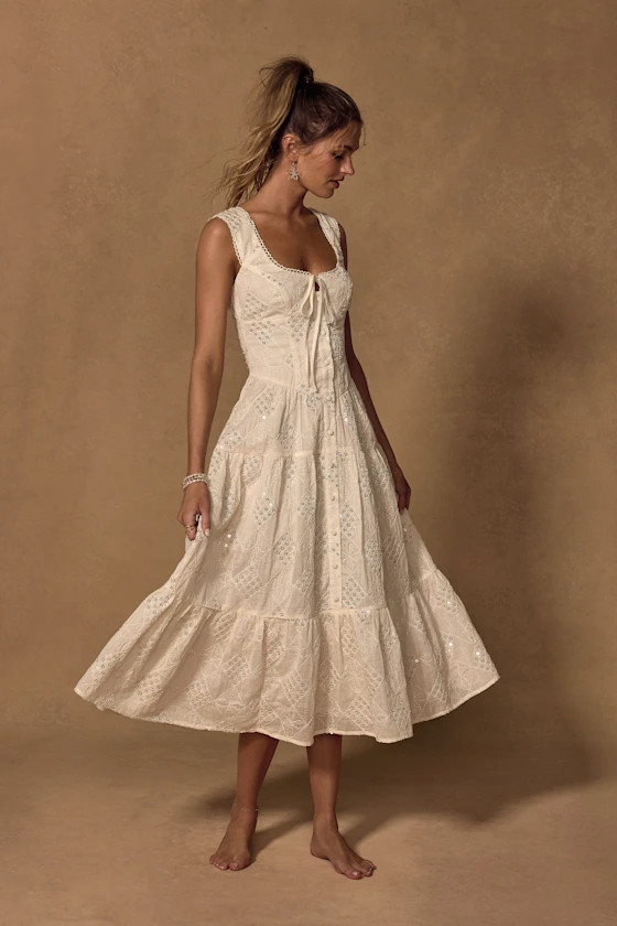 Antionette Cream Embroidered Sequin Button-Front Midi Dress | Lulus