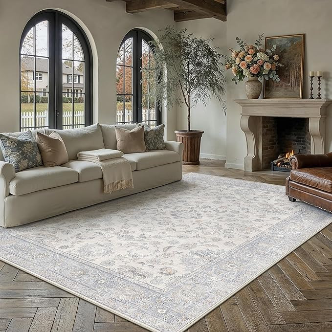 6x9 Blue Washable Area Rug for Living Room Bedroom Neutral Soft Floral Non Slip Thin Throw Rug Li... | Amazon (US)