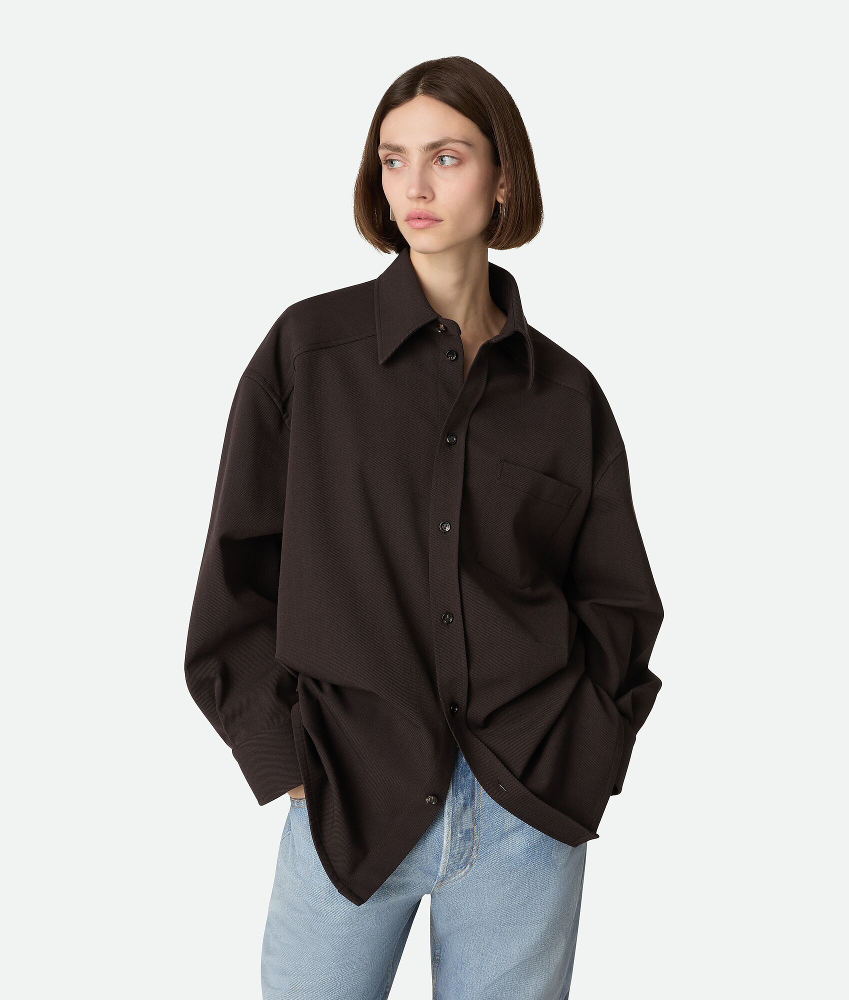 Women's Stretch Wool Shirt in Brown melange | Bottega Veneta GB | Bottega Veneta