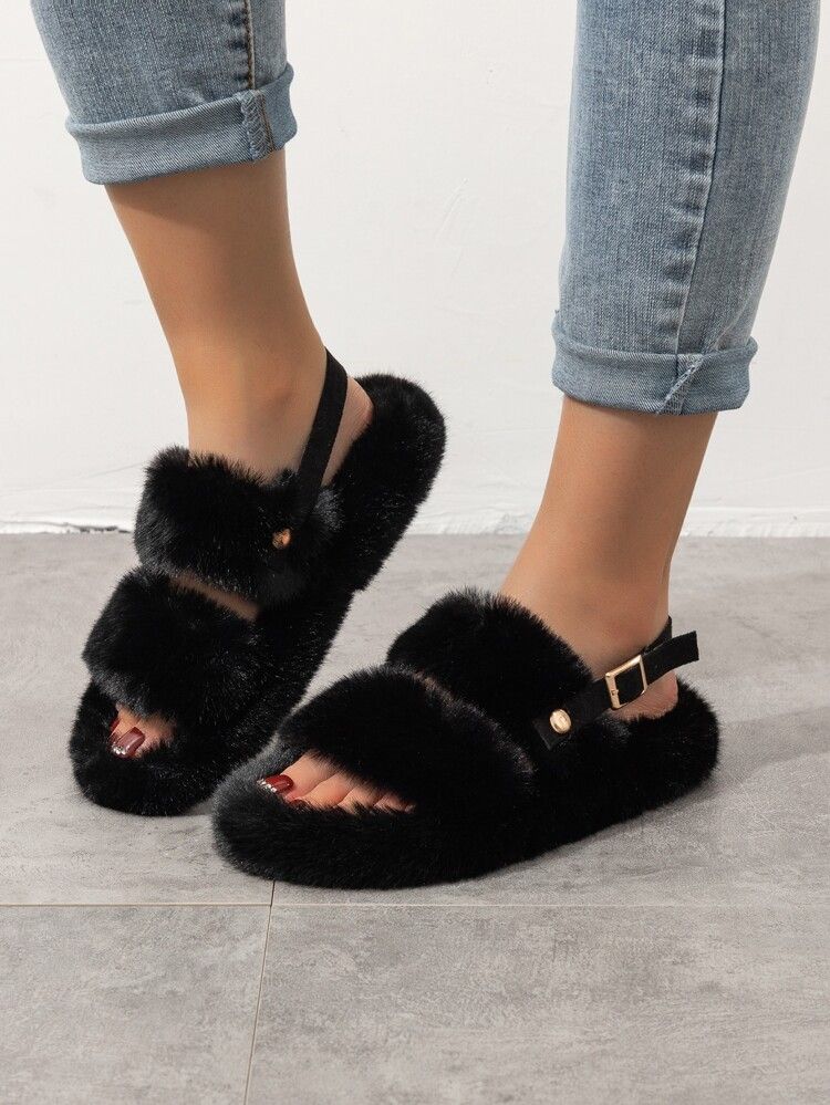 Double Band Fluffy Slippers | SHEIN